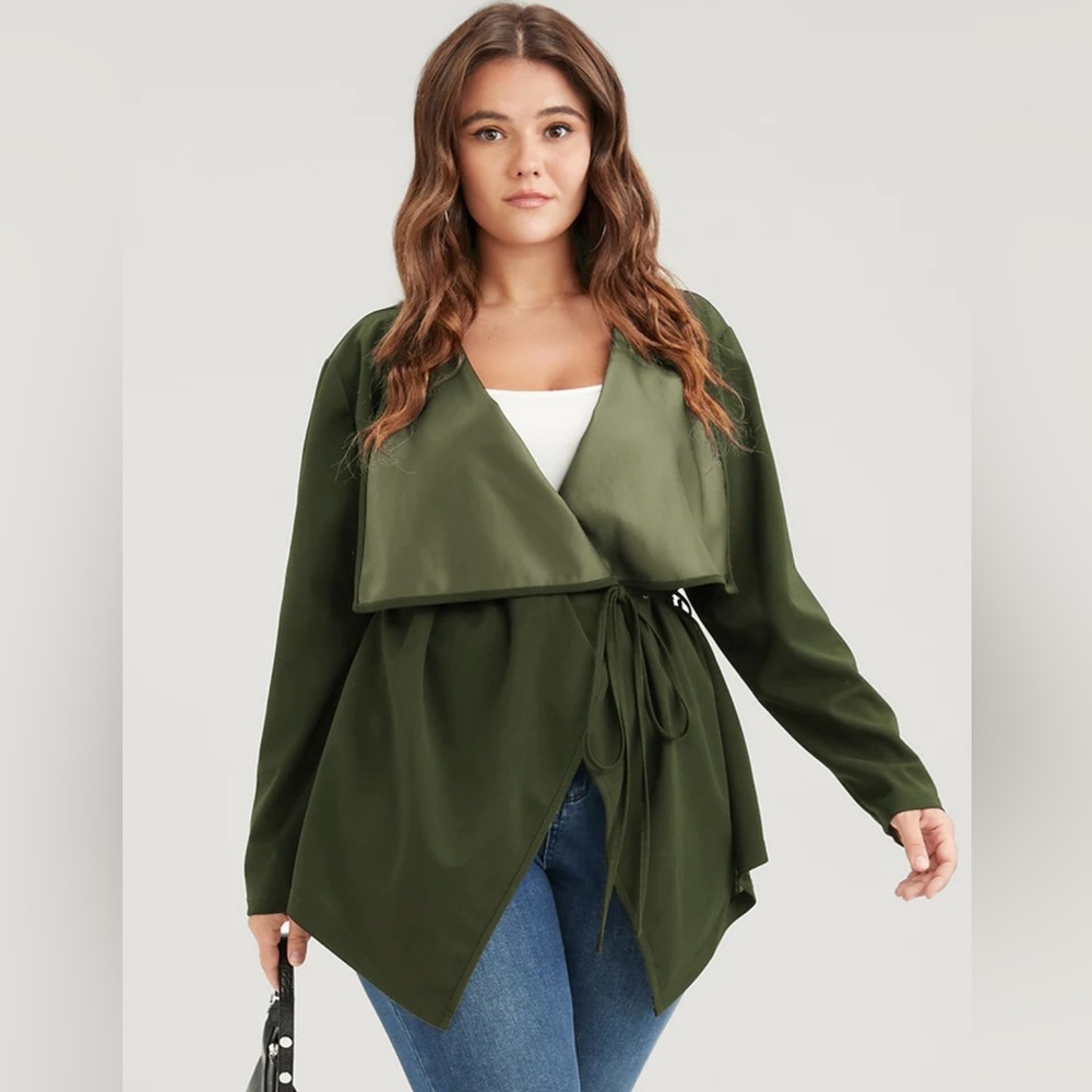NWT Plain Asymmetrical Hem Waterfall Collar Ties Coat  Size 18/20 Army Green